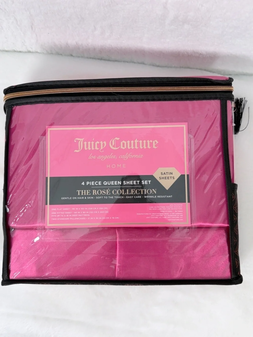 Juicy Couture Queen Satin Sheet Set Rose Collection Hot Pink 4 Piece Bedding Set